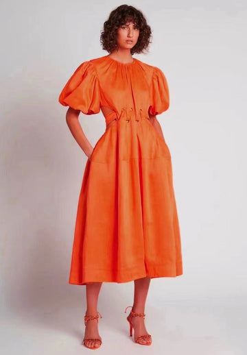 Autumn New Round-Neck Bubble Sleeve Belt To Collect Waist Hollow Long Dress Woman